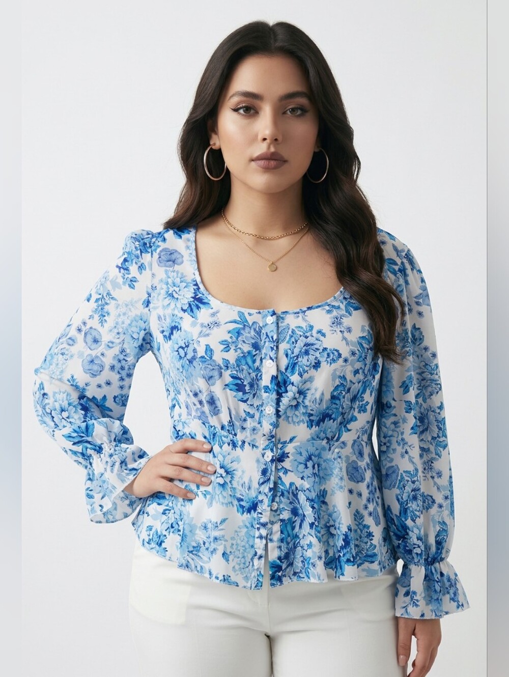 Blue Floral Scoop-Neck Long-Sleeve Top